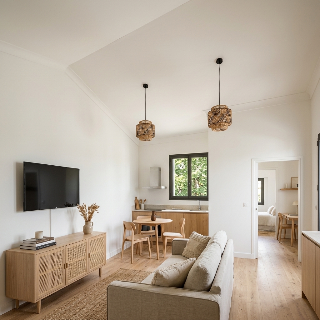Belle hauteur sous plafond et luminaires suspendus artisanaux en fibres naturelles. Équilibre parfait entre authenticité et modernité. 🌾💡