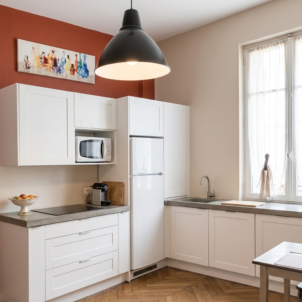 Cuisine pleine de caractère avec mur d'accent terracotta, suspension industrielle et rangements optimisés. Loué en 72h ! 🔴🍳