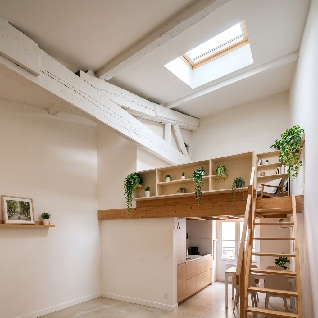 Mezzanine d'architecte avec poutres laquées blanches, verrière zénithale et étagères végétalisées. Un havre de paix au cœur de la ville. 🌿🕊️